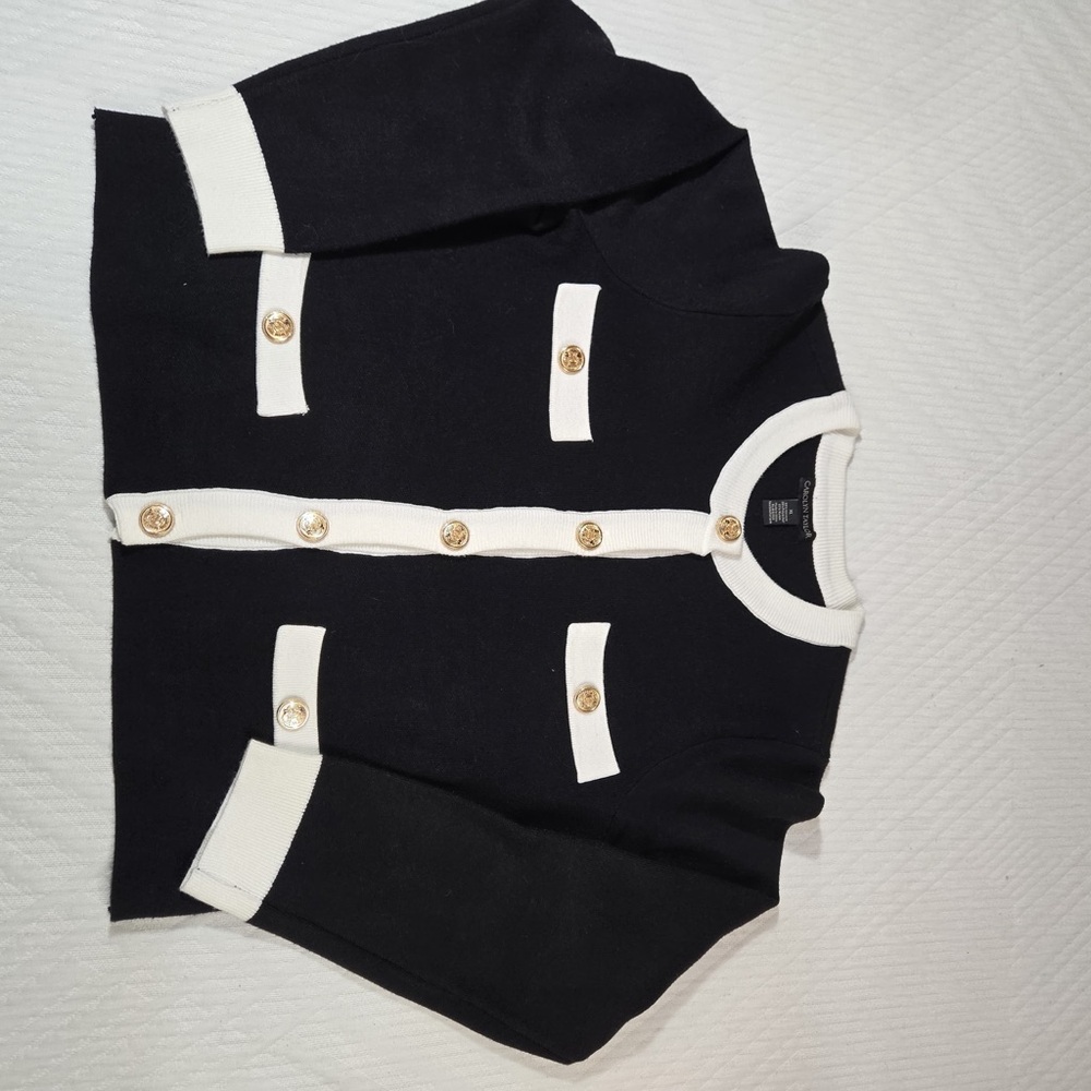 Carolyn Taylor Black and White Sweater with Gold Button